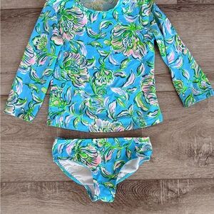 Lilly Pulitzer Girls Floral Long-Sleeve Rash Guard Set - Blue, Pink & Green